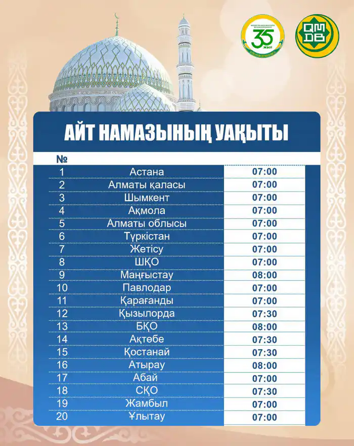 Расписание айт намаза в городах и областях Казахстана